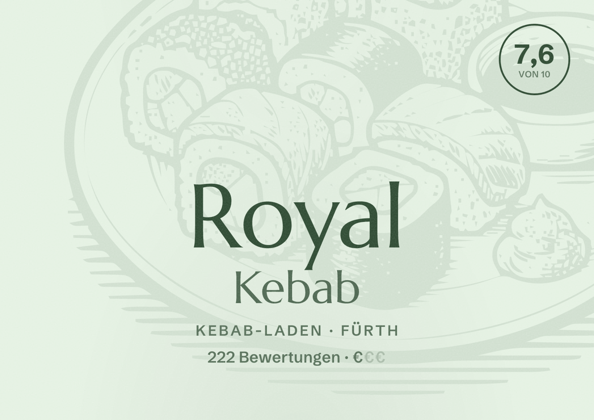 Illustriertes Poster von Royal Kebab, Kebab-Laden in Fürth: Bewertung 7,6 von 10 aus 222 Bewertungen, Preisniveau €
