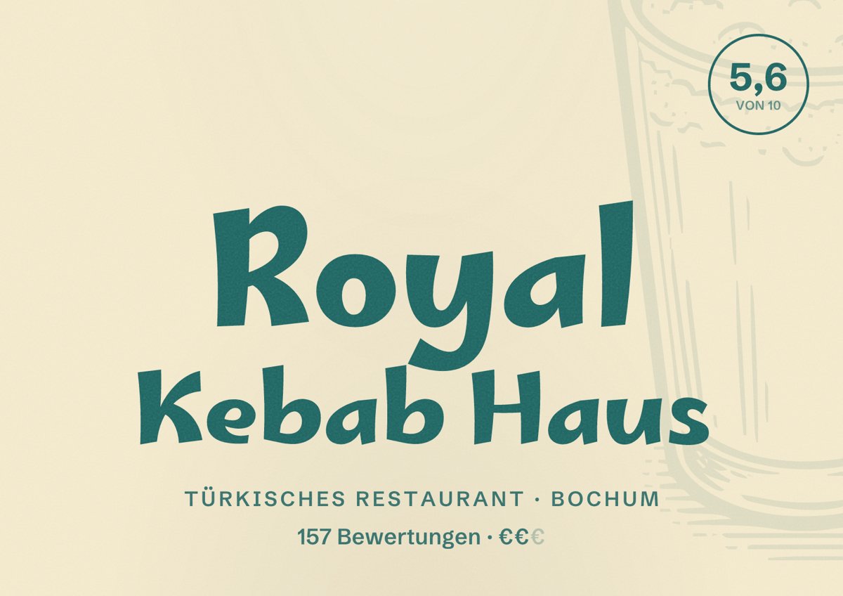 Illustriertes Poster von Royal Kebab Haus, Türkisches Restaurant in Bochum: Gästebewertung 5,6 von 10 aus 157 Bewertungen