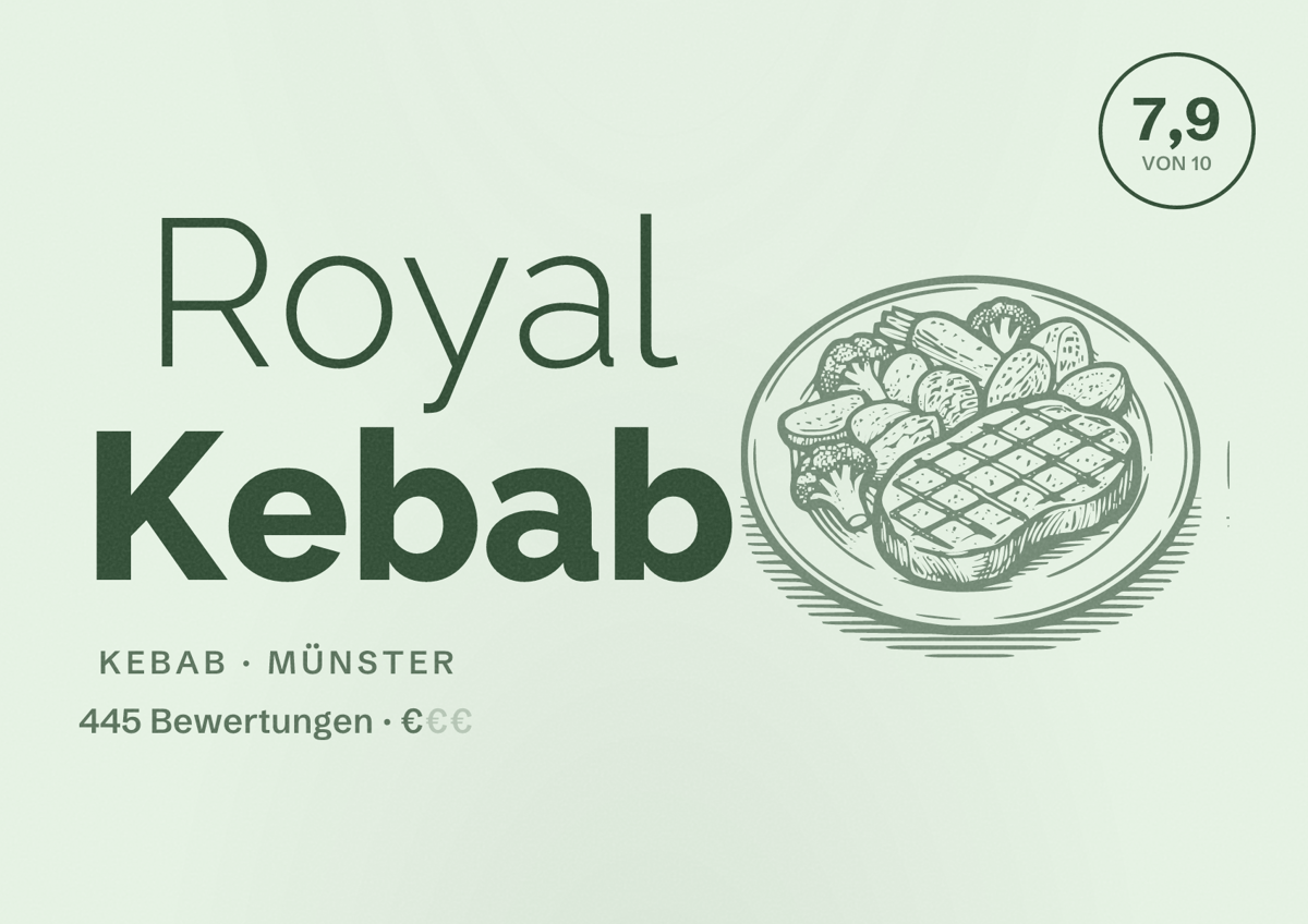 Illustriertes Poster von Royal Kebab, Kebab in Münster: Bewertung 7,9 von 10 aus 445 Bewertungen, Preisniveau €