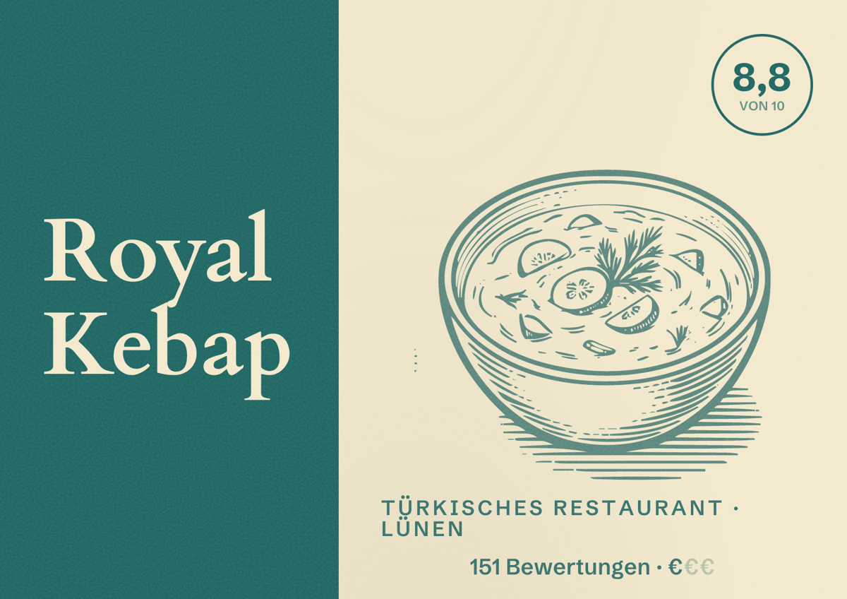 Illustriertes Poster von Royal Kebap, Türkisches Restaurant in Lünen: Bewertung 8,8 von 10 aus 151 Bewertungen, Preisniveau €