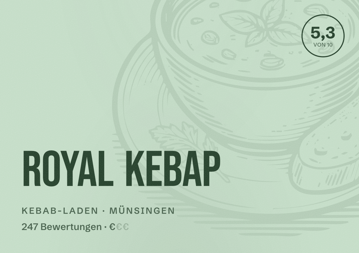 Illustriertes Poster von Royal Kebap, Kebab-Laden in Münsingen: Bewertung 5,3 von 10 aus 247 Bewertungen, Preisniveau €