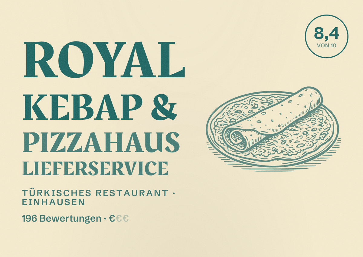 Illustriertes Poster von Royal Kebap & Pizzahaus Lieferservice, Türkisches Restaurant in Einhausen: Bewertung 8,4 von 10 aus 196 Bewertungen, Preisniveau €
