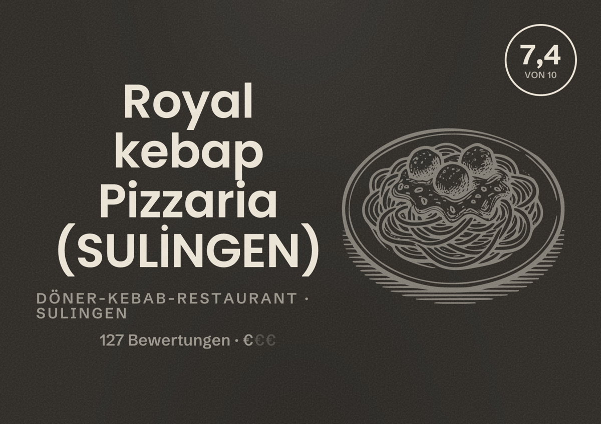 Illustriertes Poster von Royal kebap Pizzaria (SULİNGEN), Döner-Kebab-Restaurant in Sulingen: Bewertung 7,4 von 10 aus 127 Bewertungen, Preisniveau €