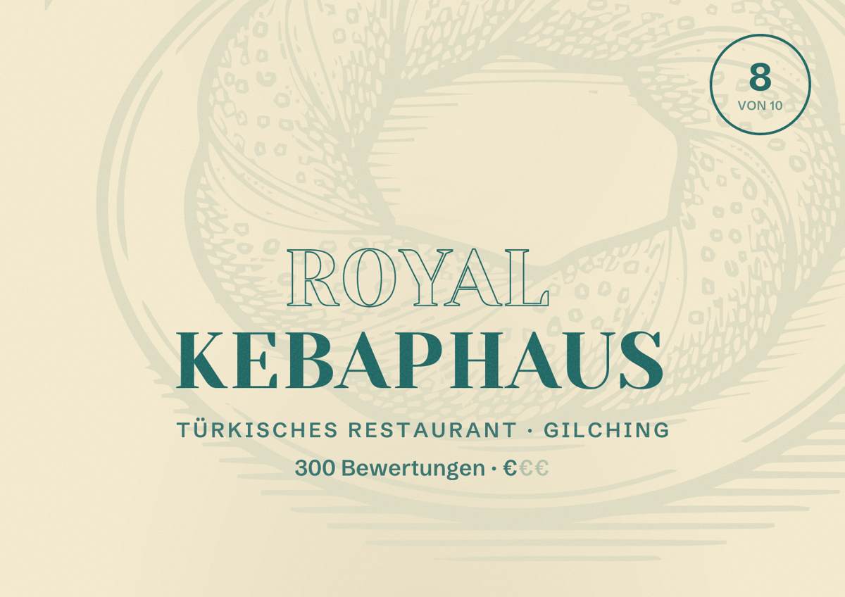 Illustriertes Poster von Royal Kebaphaus, Türkisches Restaurant in Gilching: Bewertung 8 von 10 aus 300 Bewertungen, Preisniveau €