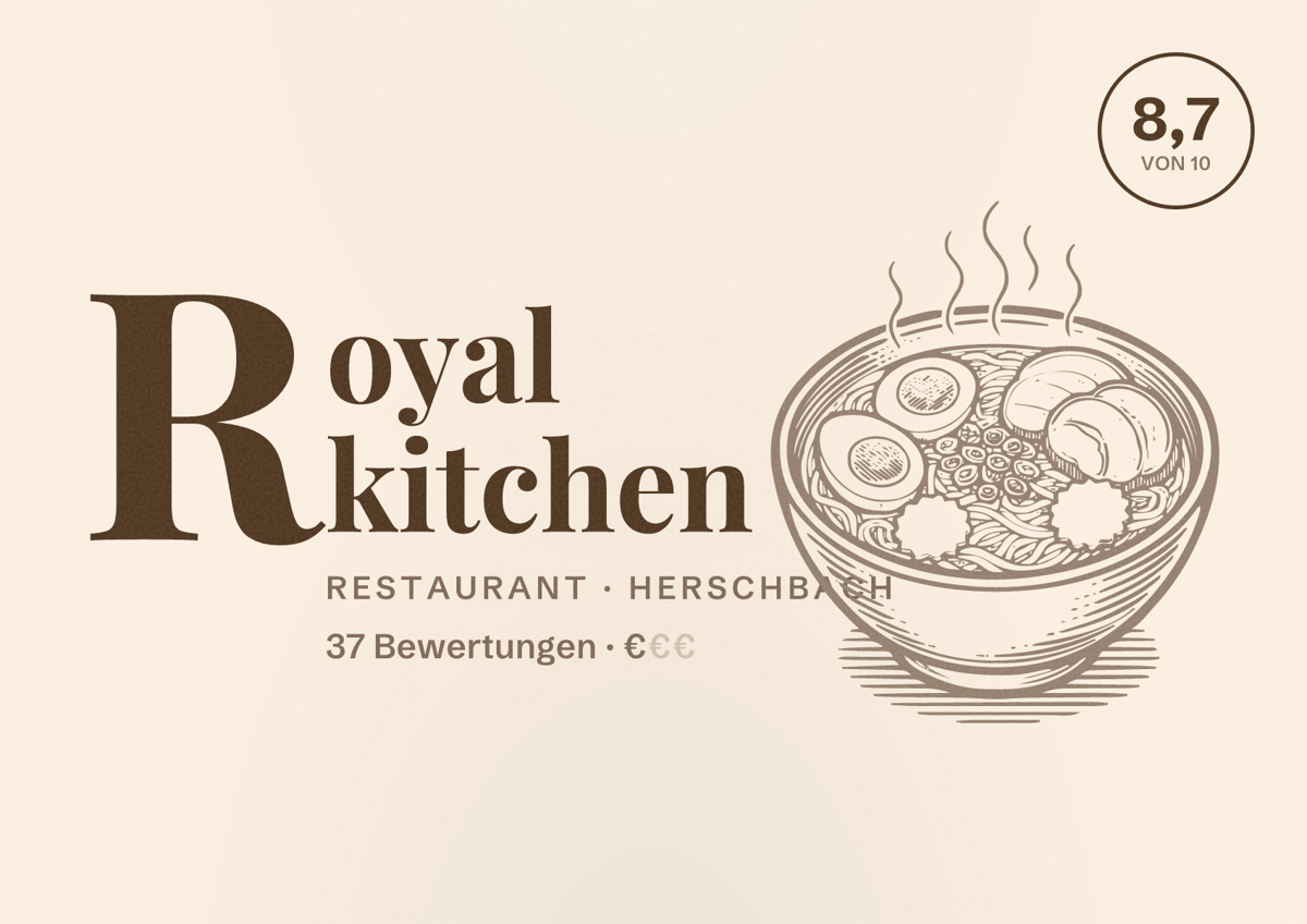 Illustriertes Poster von Royal kitchen, Restaurant in Herschbach: Bewertung 8,7 von 10 aus 37 Bewertungen, Preisniveau €