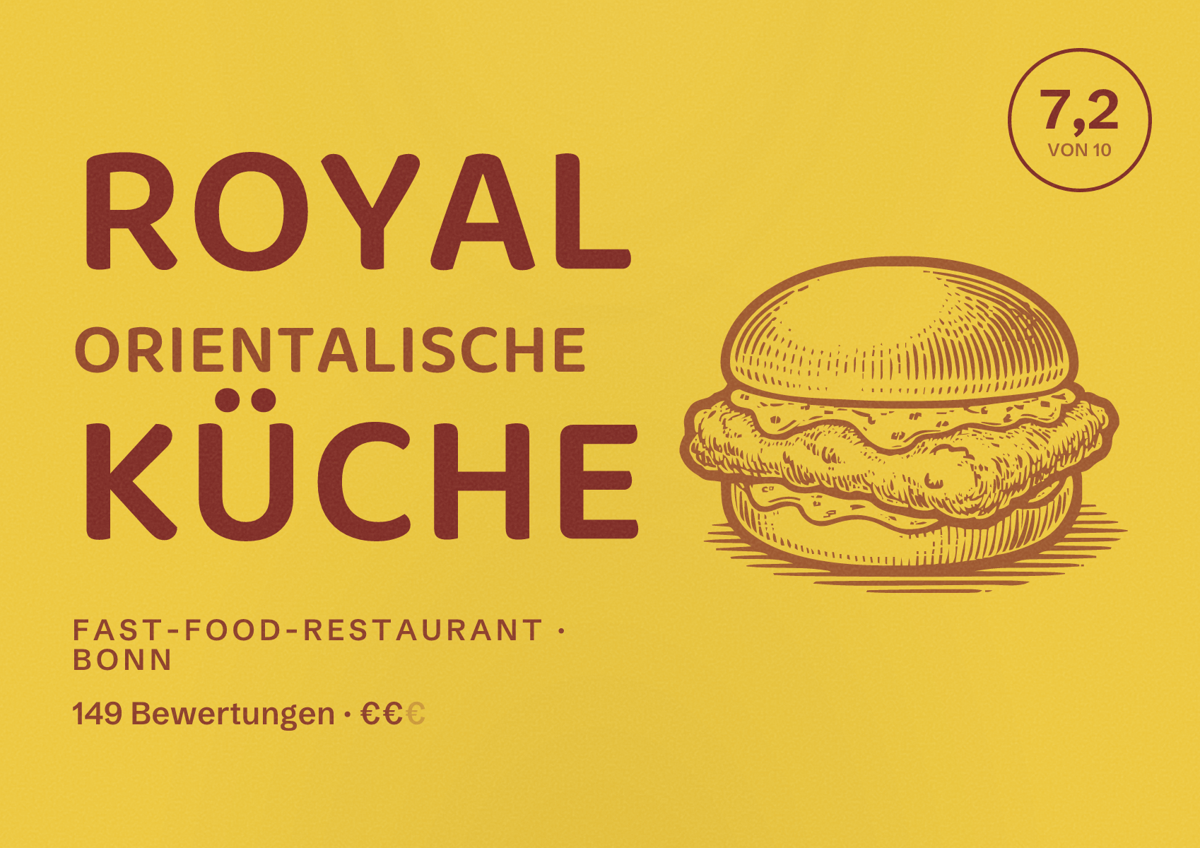 Illustriertes Poster von Royal Orientalische Küche, Fast-Food-Restaurant in Bonn: Bewertung 7,2 von 10 aus 149 Bewertungen, Preisniveau €€