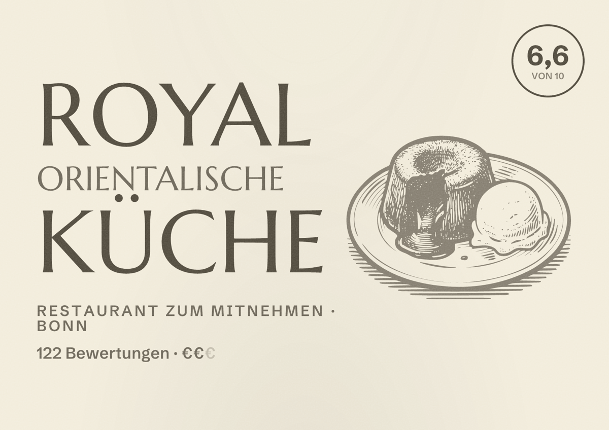 Illustriertes Poster von Royal Orientalische Küche, Restaurant zum Mitnehmen in Bonn: Bewertung 6,6 von 10 aus 122 Bewertungen, Preisniveau €€