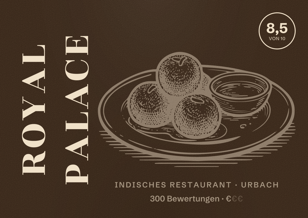 Illustriertes Poster von Royal Palace, Indisches Restaurant in Urbach: Bewertung 8,5 von 10 aus 300 Bewertungen, Preisniveau €