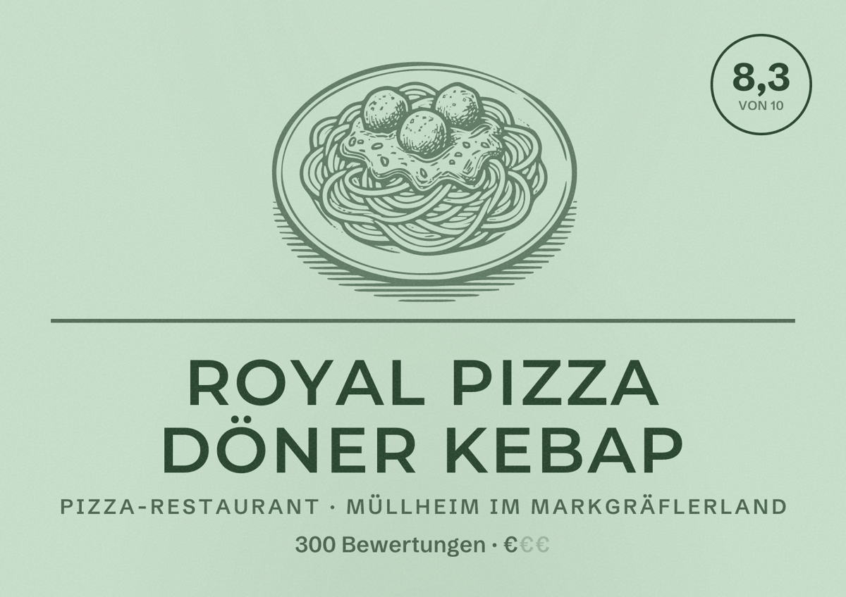 Illustriertes Poster von Royal Pizza Döner Kebap, Pizza-Restaurant in Müllheim im Markgräflerland: Bewertung 8,3 von 10 aus 300 Bewertungen, Preisniveau €