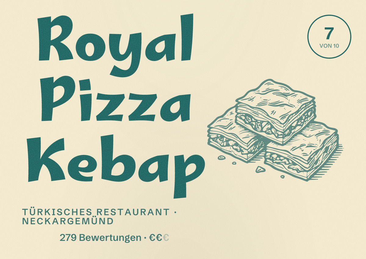 Illustriertes Poster von Royal Pizza Kebap, Türkisches Restaurant in Neckargemünd: Bewertung 7 von 10 aus 279 Bewertungen, Preisniveau €€
