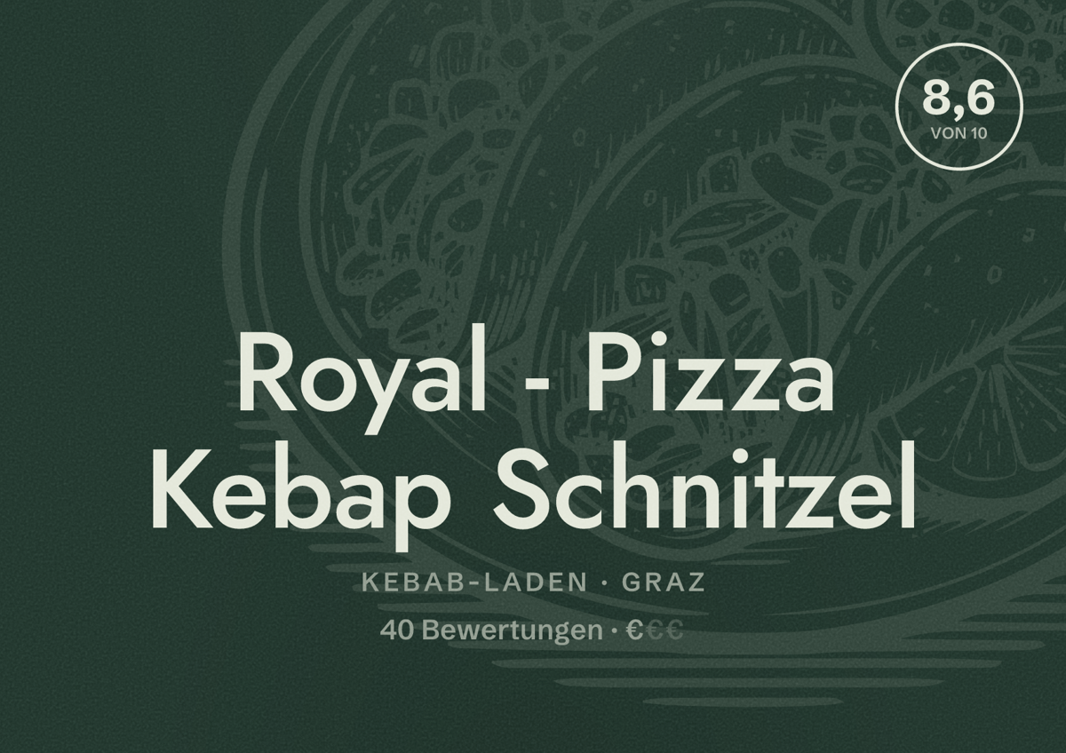 Illustriertes Poster von Royal - Pizza Kebap Schnitzel, Kebab-Laden in Graz: Bewertung 8,6 von 10 aus 40 Bewertungen, Preisniveau €