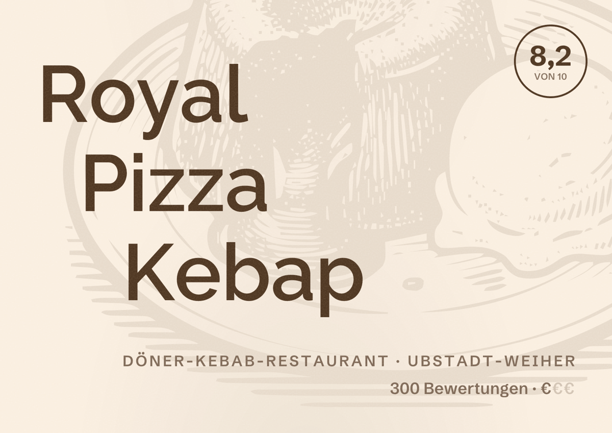 Illustriertes Poster von Royal Pizza Kebap, Döner-Kebab-Restaurant in Ubstadt-Weiher: Bewertung 8,2 von 10 aus 300 Bewertungen, Preisniveau €