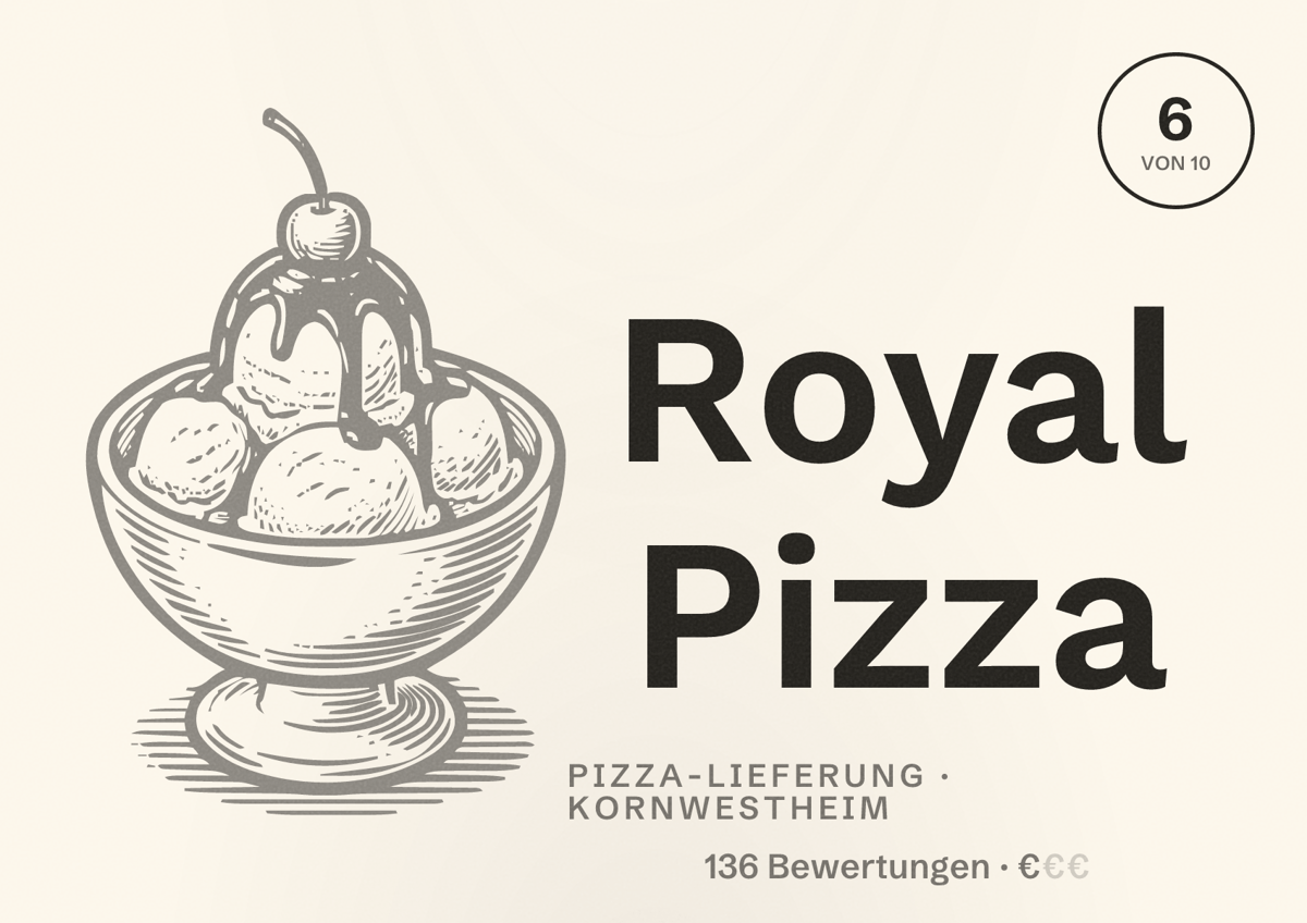 Illustriertes Poster von Royal Pizza, Pizza-Lieferung in Kornwestheim: Bewertung 6 von 10 aus 136 Bewertungen, Preisniveau €