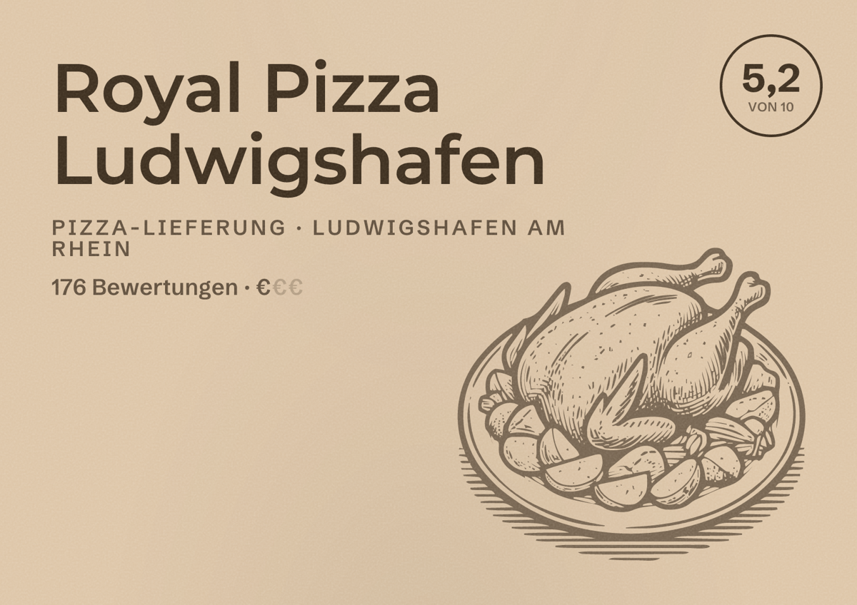 Illustriertes Poster von Royal Pizza Ludwigshafen, Pizza-Lieferung in Ludwigshafen am Rhein: Bewertung 5,2 von 10 aus 176 Bewertungen, Preisniveau €