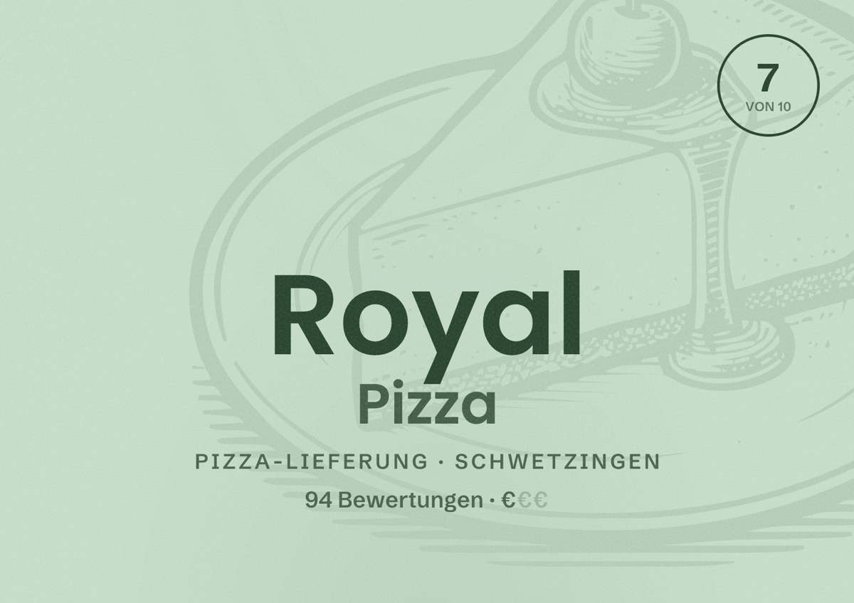 Illustriertes Poster von Royal Pizza, Pizza-Lieferung in Schwetzingen: Bewertung 7 von 10 aus 94 Bewertungen, Preisniveau €