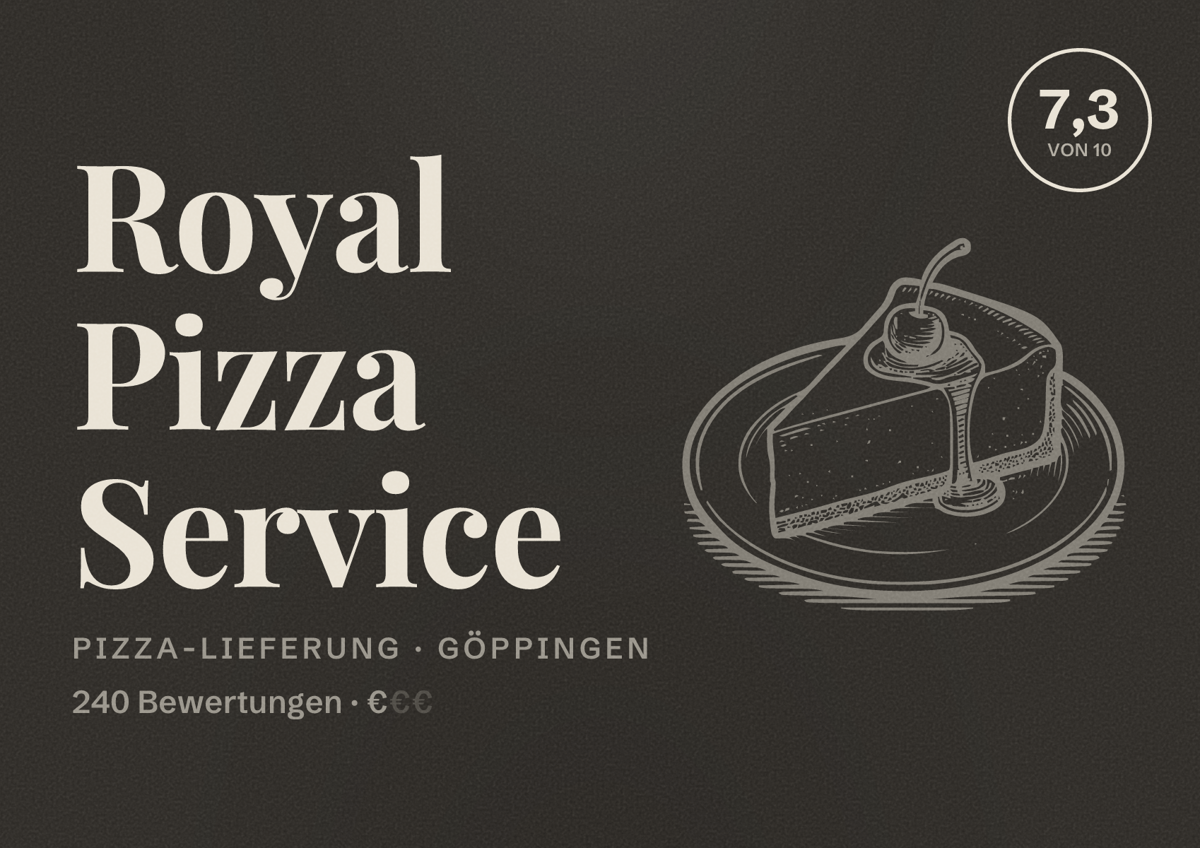 Illustriertes Poster von Royal Pizza Service, Pizza-Lieferung in Göppingen: Bewertung 7,3 von 10 aus 240 Bewertungen, Preisniveau €