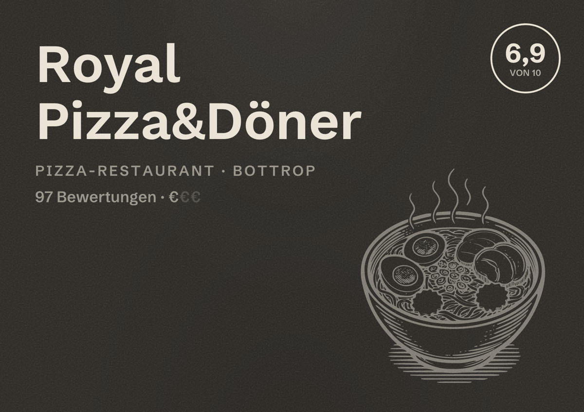 Illustriertes Poster von Royal Pizza&Döner, Pizza-Restaurant in Bottrop: Bewertung 6,9 von 10 aus 97 Bewertungen, Preisniveau €