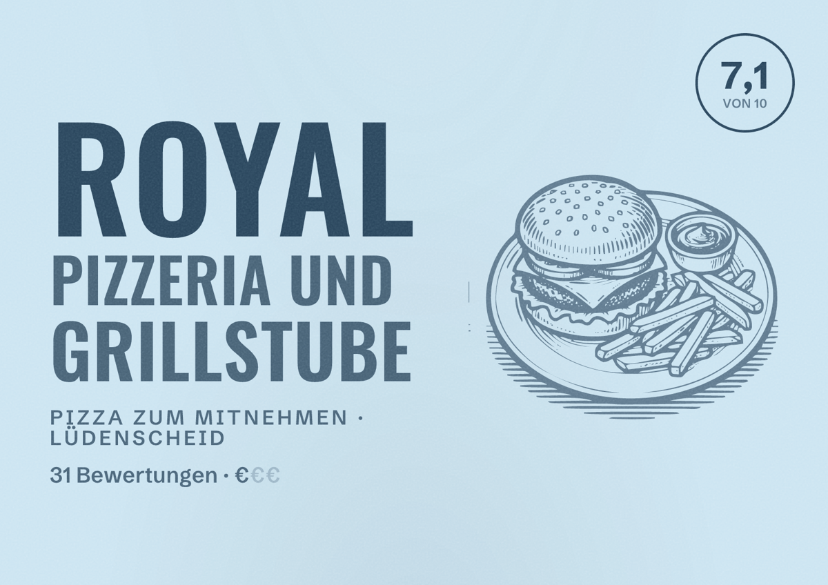Illustriertes Poster von Royal Pizzeria und Grillstube, Pizza zum Mitnehmen in Lüdenscheid: Bewertung 7,1 von 10 aus 31 Bewertungen, Preisniveau €