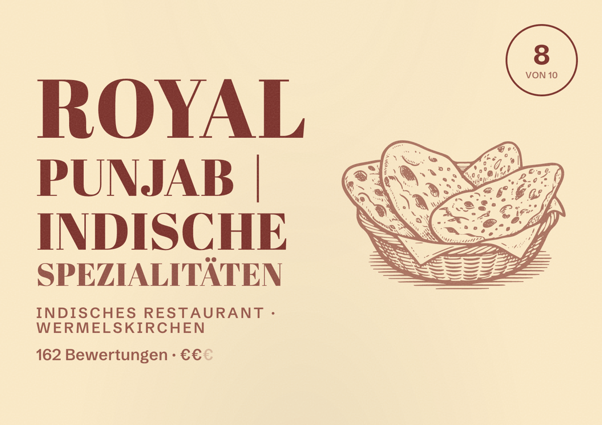 Illustriertes Poster von ROYAL PUNJAB | Indische Spezialitäten, Indisches Restaurant in Wermelskirchen: Bewertung 8 von 10 aus 162 Bewertungen, Preisniveau €€