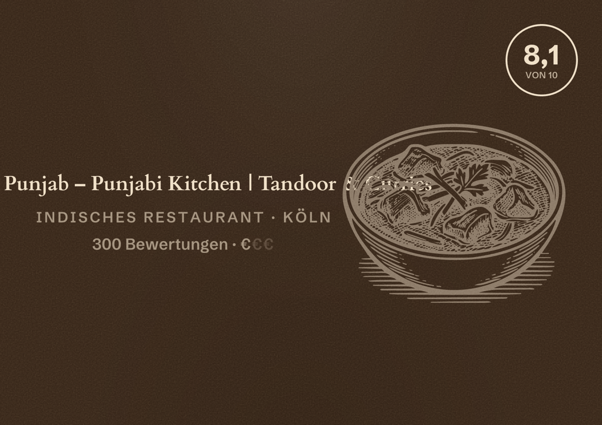 Illustriertes Poster von Royal Punjab – Punjabi Kitchen | Tandoor & Curries, Indisches Restaurant in Köln: Bewertung 8,1 von 10 aus 300 Bewertungen, Preisniveau €