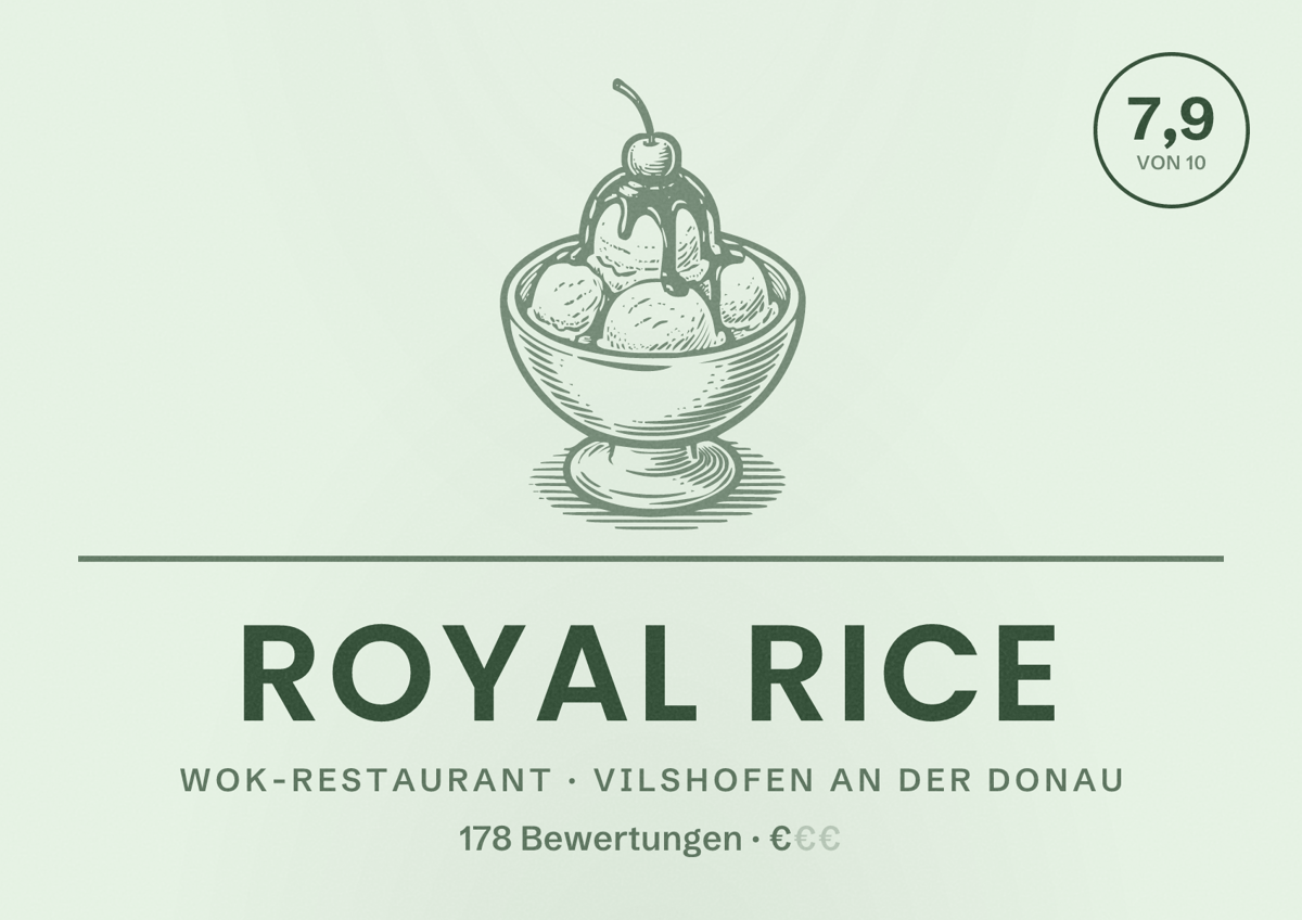 Illustriertes Poster von Royal Rice, Wok-Restaurant in Vilshofen an der Donau: Bewertung 7,9 von 10 aus 178 Bewertungen, Preisniveau €