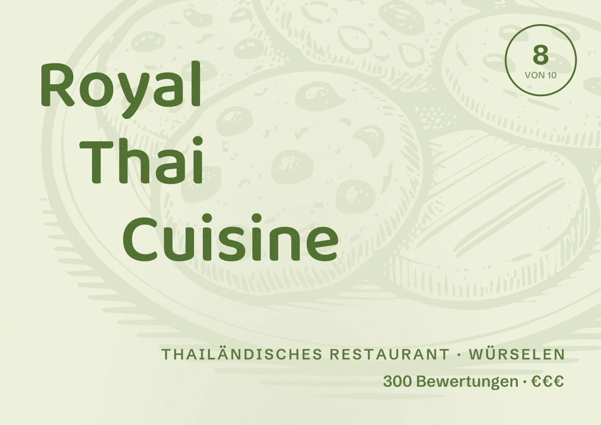 Illustriertes Poster von Royal Thai Cuisine, Thailändisches Restaurant in Würselen: Bewertung 8 von 10 aus 300 Bewertungen, Preisniveau €€€