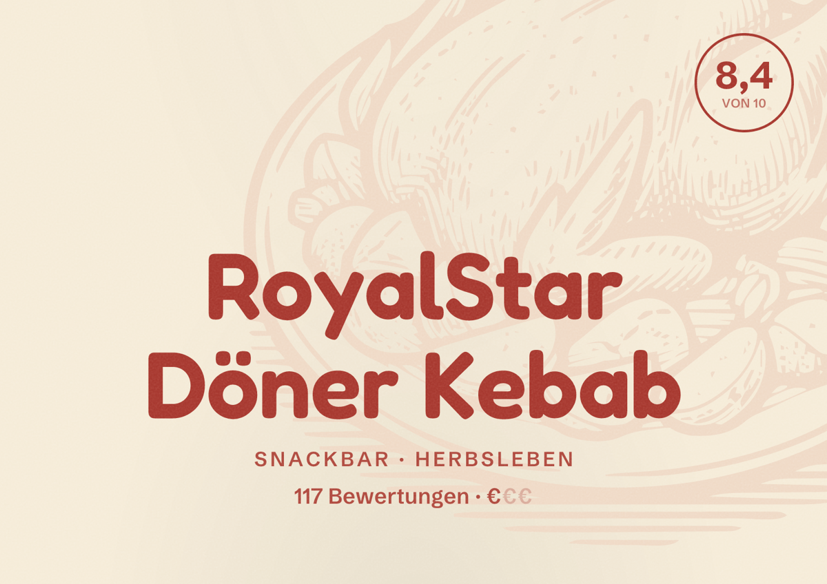 Illustriertes Poster von RoyalStar Döner Kebab, Snackbar in Herbsleben: Bewertung 8,4 von 10 aus 117 Bewertungen, Preisniveau €
