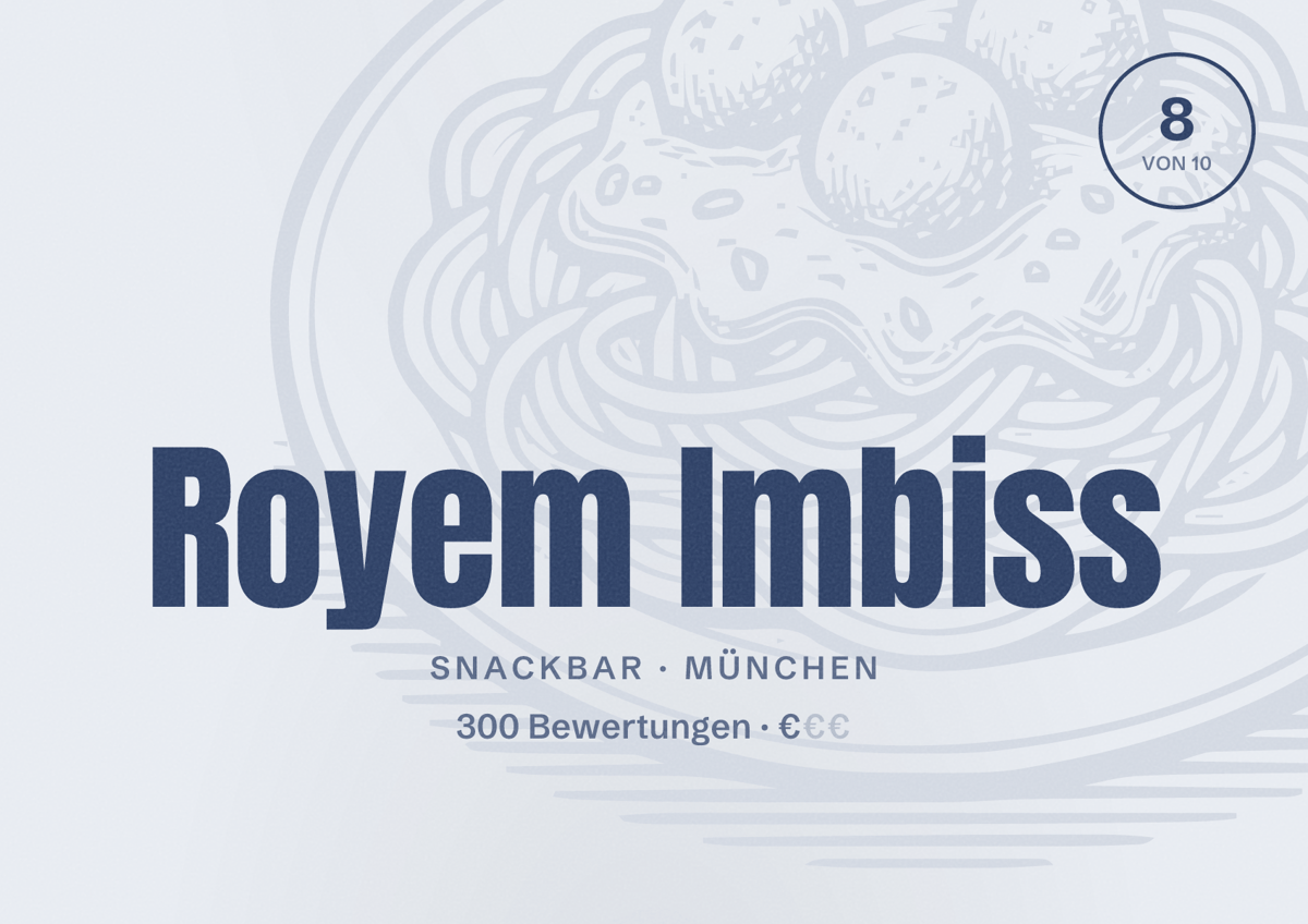 Illustriertes Poster von Royem Imbiss, Snackbar in München: Bewertung 8,0 von 10 aus 300 Bewertungen, Preisniveau €