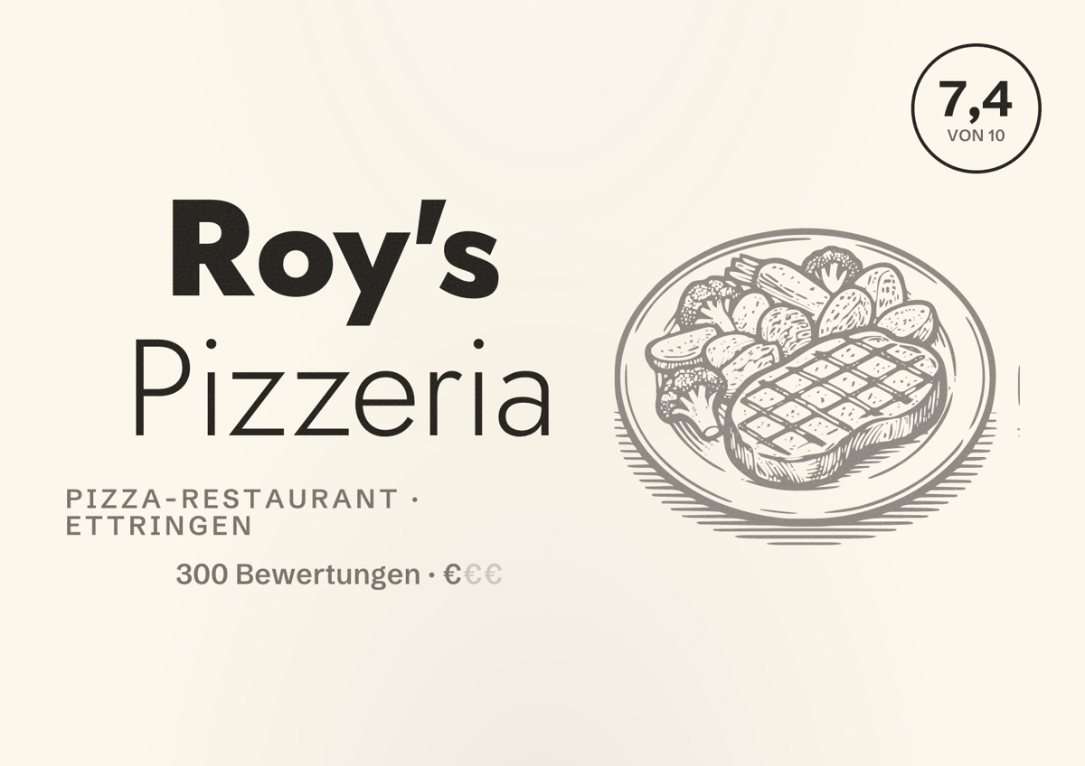 Illustriertes Poster von Roy's Pizzeria, Pizza-Restaurant in Ettringen: Bewertung 7,4 von 10 aus 300 Bewertungen, Preisniveau €