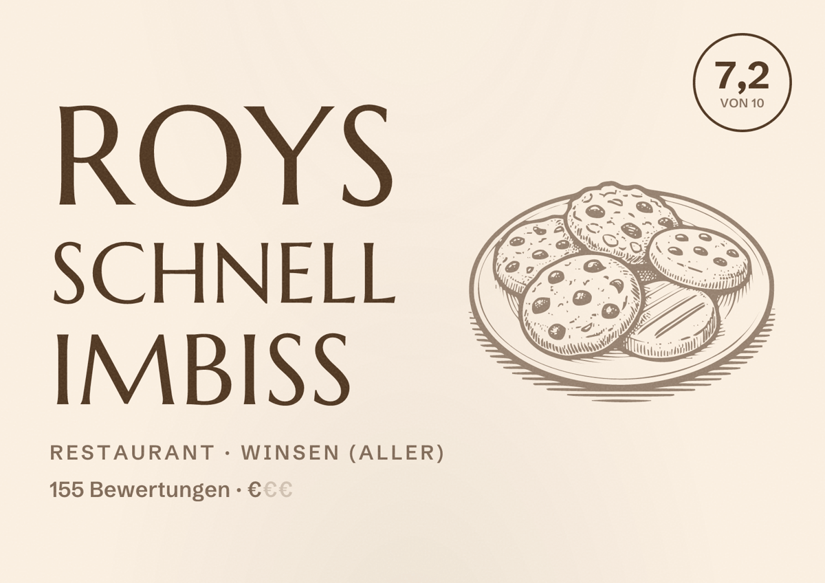 Illustriertes Poster von Roys schnell Imbiss, Restaurant in Winsen (Aller): Bewertung 7,2 von 10 aus 155 Bewertungen, Preisniveau €