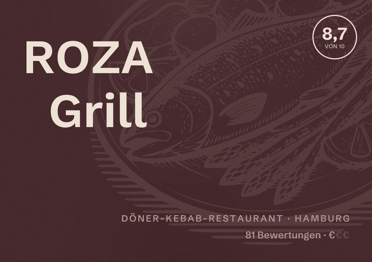 Illustriertes Poster von ROZA Grill, Döner-Kebab-Restaurant in Hamburg: Bewertung 8,7 von 10 aus 81 Bewertungen, Preisniveau €