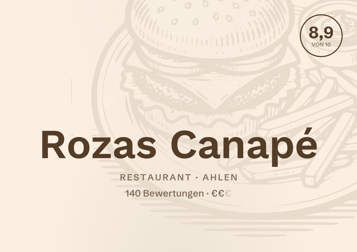 Illustriertes Poster von Rozas Canapé, Restaurant in Ahlen: Bewertung 8,9 von 10 aus 140 Bewertungen, Preisniveau €€