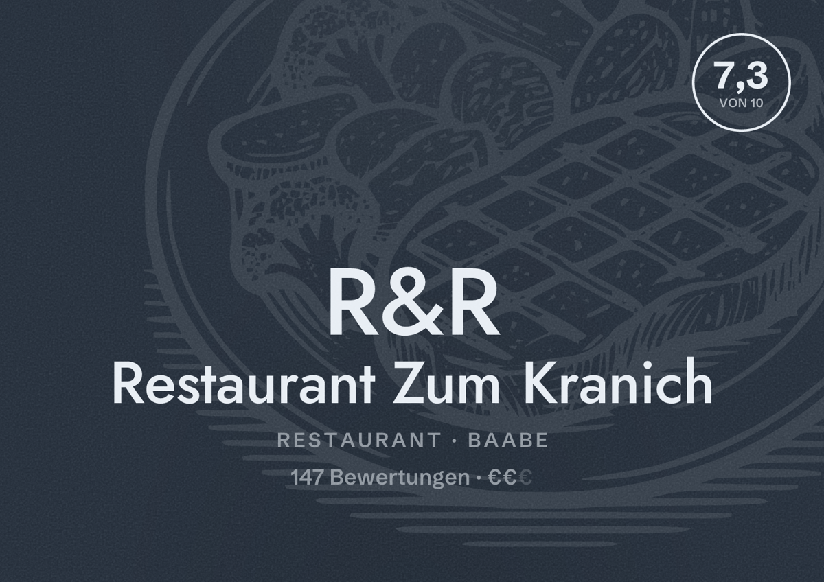 Illustriertes Poster von R&R Restaurant Zum Kranich, Restaurant in Baabe: Bewertung 7,3 von 10 aus 147 Bewertungen, Preisniveau €€