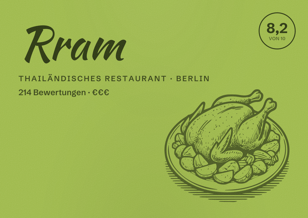 Illustriertes Poster von Rram, Thailändisches Restaurant in Berlin: Bewertung 8,2 von 10 aus 214 Bewertungen, Preisniveau €€€