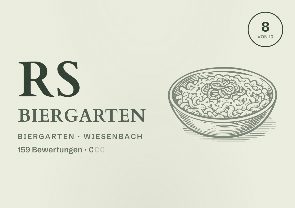 Illustriertes Poster von RS Biergarten, Biergarten in Wiesenbach: Bewertung 8 von 10 aus 159 Bewertungen, Preisniveau €