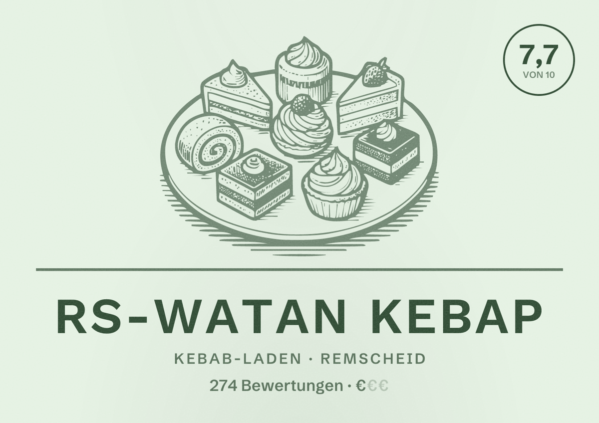 Illustriertes Poster von RS-Watan Kebap, Kebab-Laden in Remscheid: Bewertung 7,7 von 10 aus 274 Bewertungen, Preisniveau €