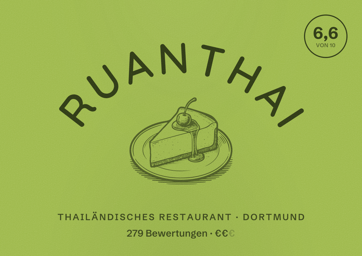 Illustriertes Poster von Ruanthai, Thailändisches Restaurant in Dortmund: Bewertung 6,6 von 10 aus 279 Bewertungen, Preisniveau €€