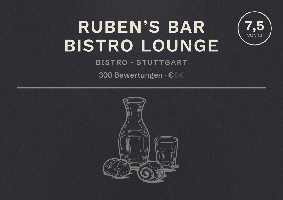 Illustriertes Poster von Ruben’s Bar Bistro Lounge, Bistro in Stuttgart: Bewertung 7,5 von 10 aus 300 Bewertungen, Preisniveau €