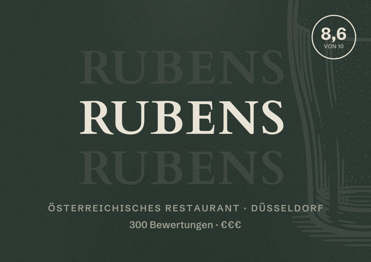 Illustriertes Poster von Rubens, Österreichisches Restaurant in Düsseldorf: Bewertung 8,6 von 10 aus 300 Bewertungen, Preisniveau €€€