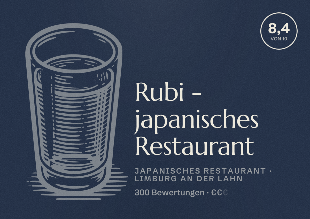 Illustriertes Poster von Rubi - japanisches Restaurant, Japanisches Restaurant in Limburg an der Lahn: Bewertung 8,4 von 10 aus 300 Bewertungen, Preisniveau €€
