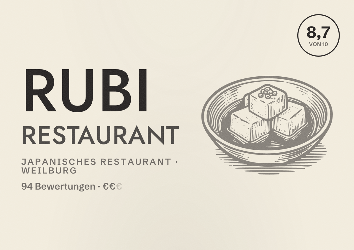 Illustriertes Poster von Rubi Restaurant, Japanisches Restaurant in Weilburg: Bewertung 8,7 von 10 aus 94 Bewertungen, Preisniveau €€