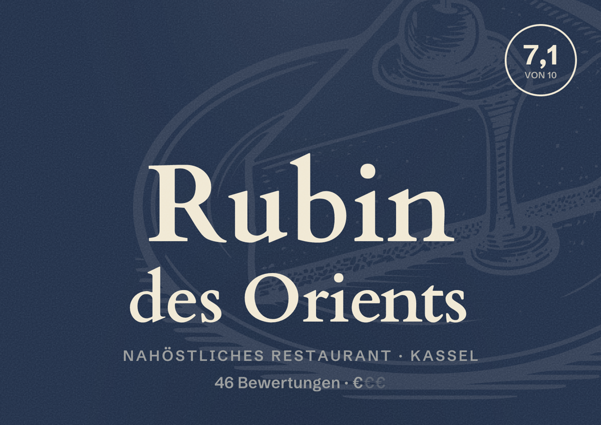 Illustriertes Poster von Rubin des Orients, Nahöstliches Restaurant in Kassel: Bewertung 7,1 von 10 aus 46 Bewertungen, Preisniveau €
