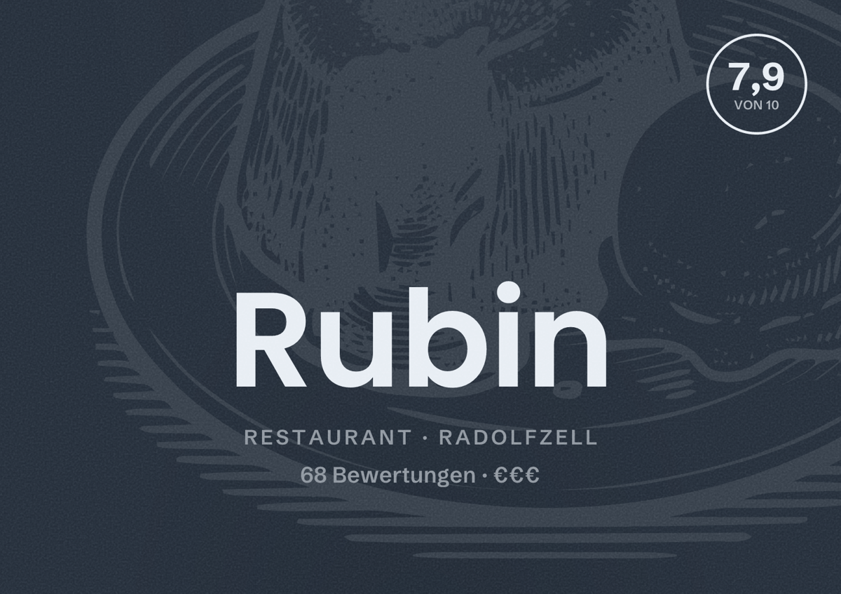 Illustriertes Poster von Rubin, Restaurant in Radolfzell: Bewertung 7,9 von 10 aus 68 Bewertungen, Preisniveau €€€