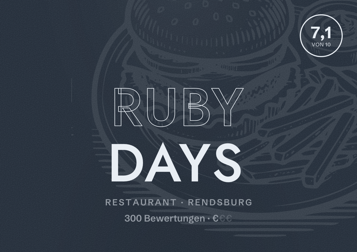 Illustriertes Poster von Ruby Days, Restaurant in Rendsburg: Bewertung 7,1 von 10 aus 300 Bewertungen, Preisniveau €