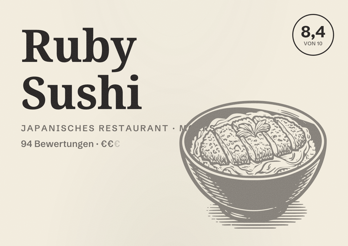 Illustriertes Poster von Ruby Sushi, Japanisches Restaurant in Moers: Bewertung 8,4 von 10 aus 94 Bewertungen, Preisniveau €€