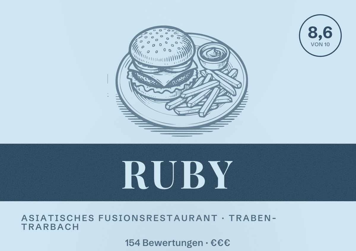 Illustriertes Poster von Ruby, Asiatisches Fusionsrestaurant in Traben-Trarbach: Bewertung 8,6 von 10 aus 154 Bewertungen, Preisniveau €€€
