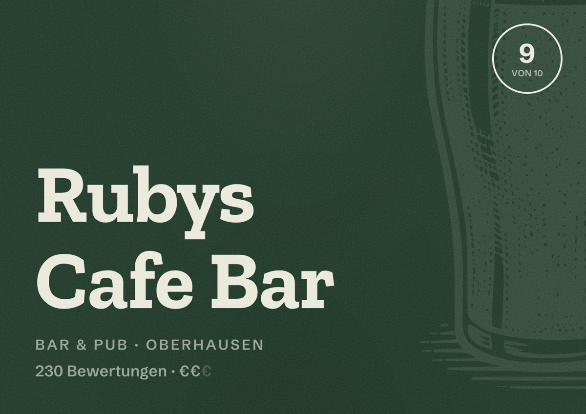 Illustriertes Poster von Rubys Cafe Bar, Bar & Pub in Oberhausen: Bewertung 9 von 10 aus 230 Bewertungen, Preisniveau €€