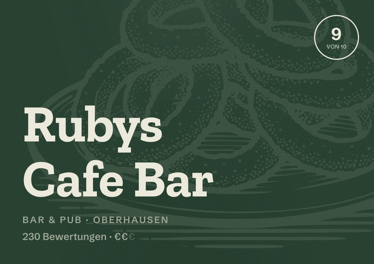 Illustriertes Poster von Rubys Cafe Bar, Bar & Pub in Oberhausen: Bewertung 9 von 10 aus 230 Bewertungen, Preisniveau €€