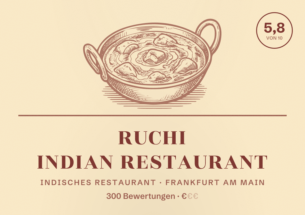 Illustriertes Poster von Ruchi Indian Restaurant, Indisches Restaurant in Frankfurt am Main: Bewertung 5,8 von 10 aus 300 Bewertungen, Preisniveau €