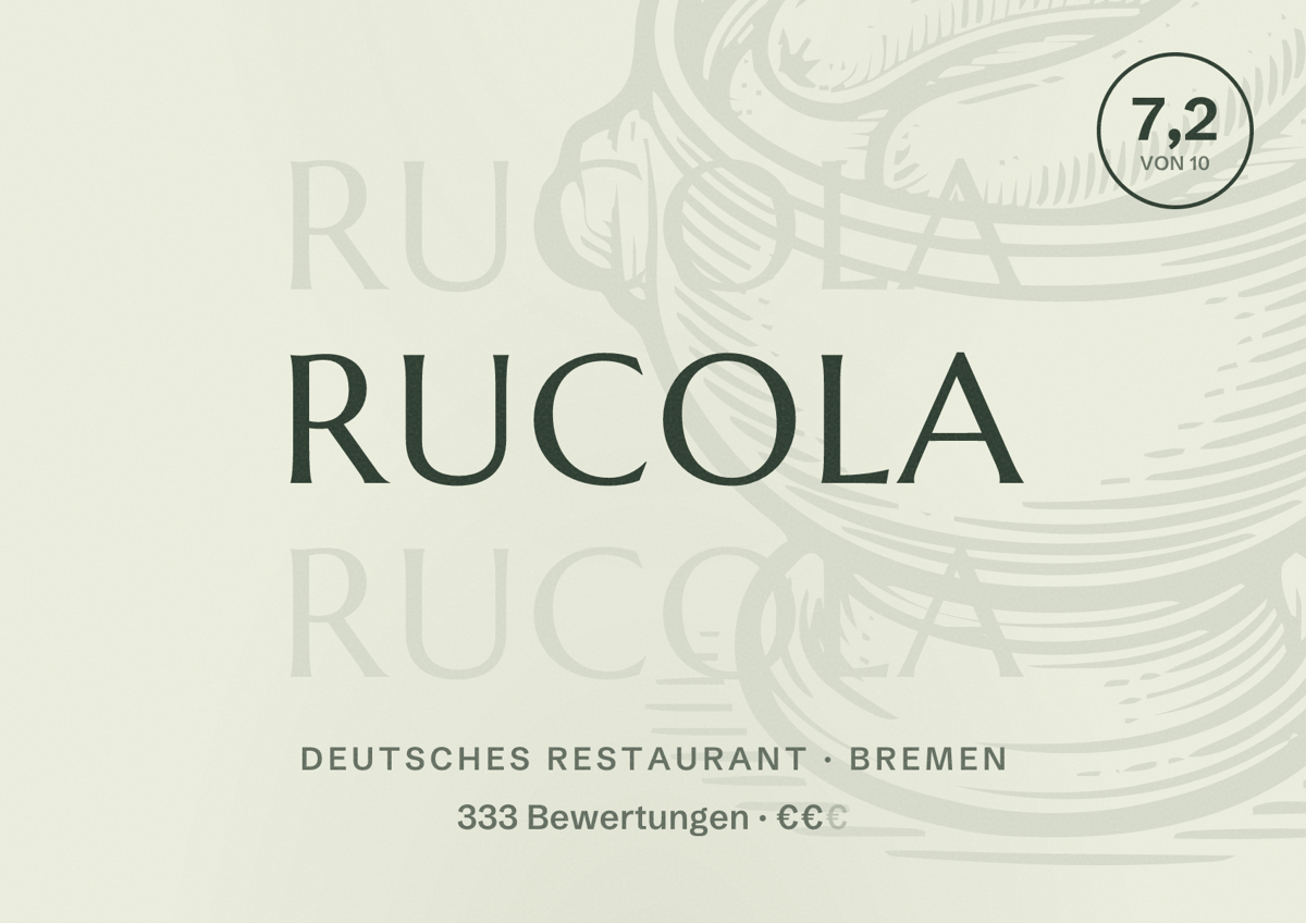 Illustriertes Poster von RUCOLA, Deutsches Restaurant in Bremen: Bewertung 7,2 von 10 aus 333 Bewertungen, Preisniveau €€